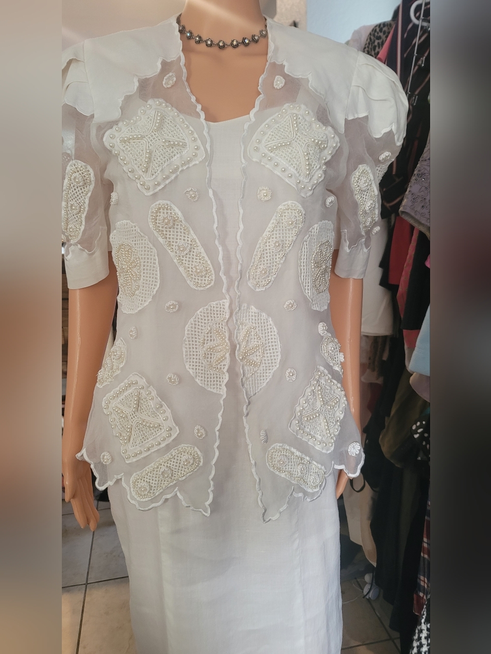 Retro dress and jacket made of natural fabric, ivory color. Pearl bead embroider